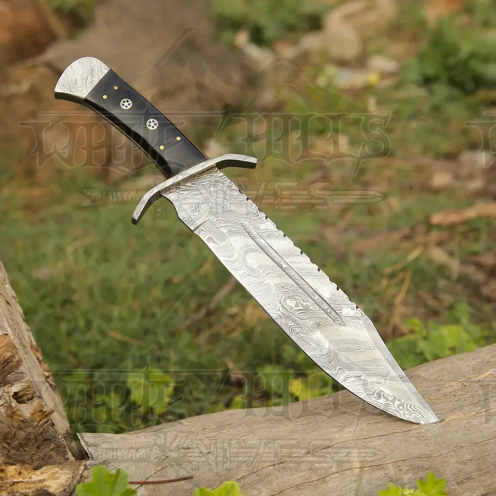 15" Handmade Damascus Steel Bowie Hunting Knife- Buffalo Horn Handle