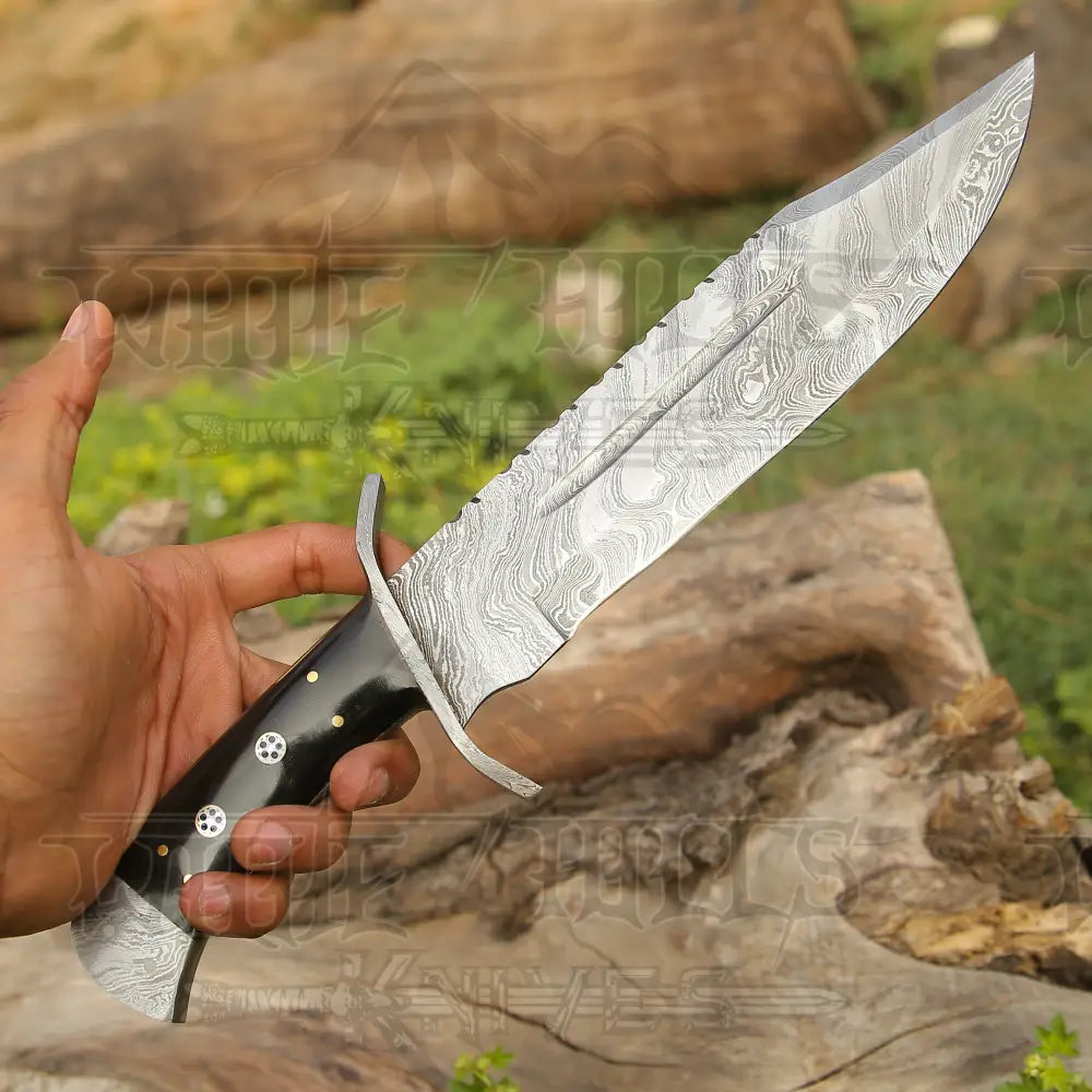 15" Handmade Damascus Steel Bowie Hunting Knife- Buffalo Horn Handle