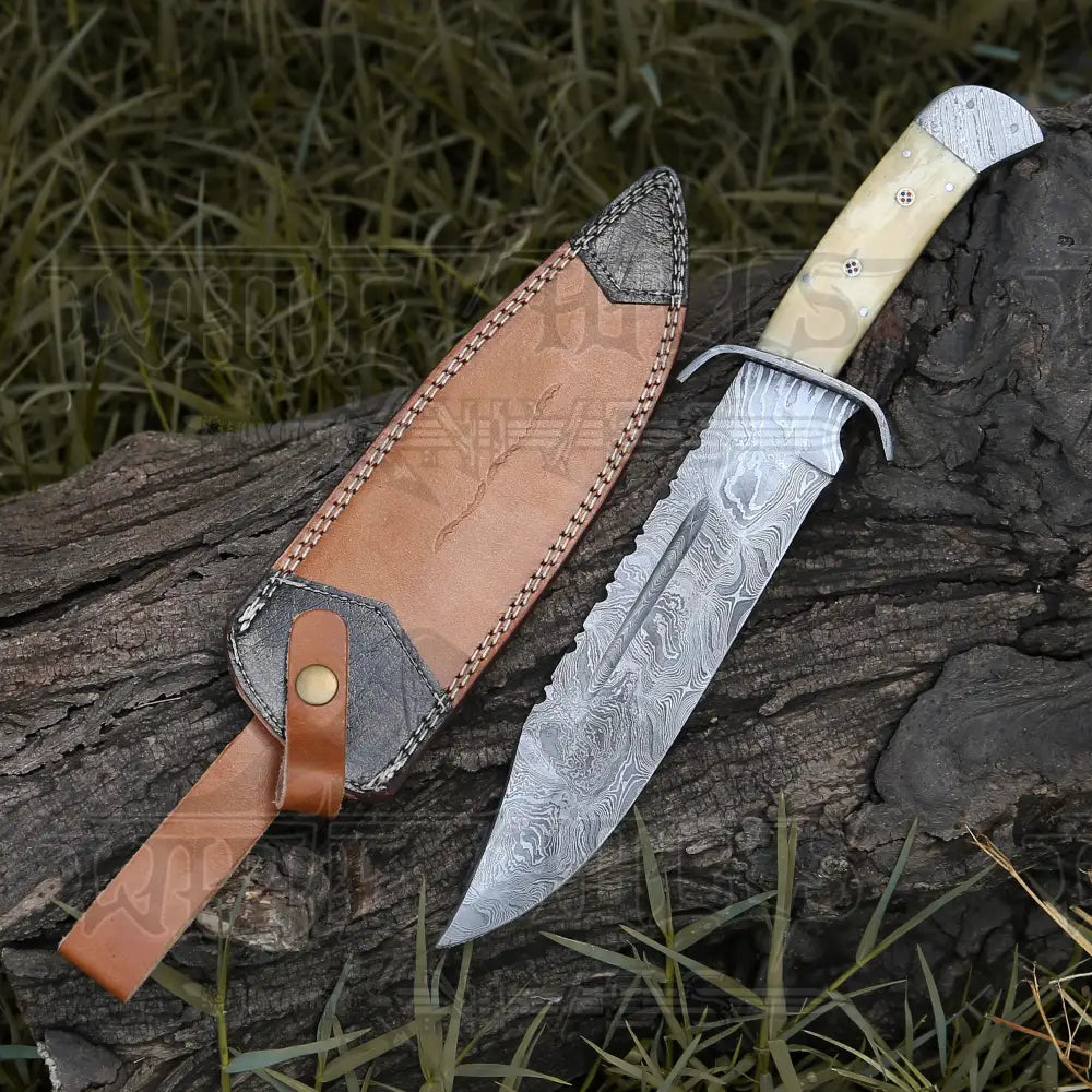 15" Handmade Damascus Steel Bowie Hunting Knife- Full Tang - Camel Bone Handle