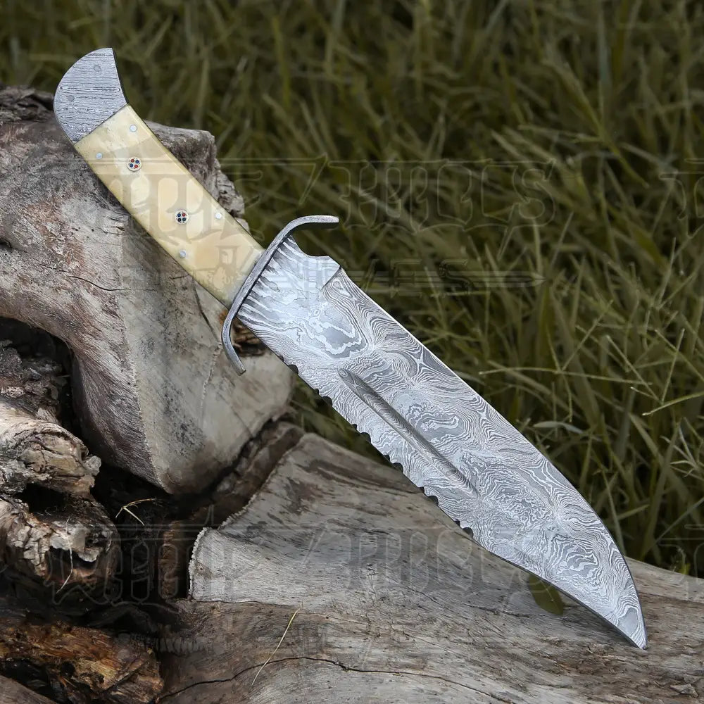 15" Handmade Damascus Steel Bowie Hunting Knife- Full Tang - Camel Bone Handle