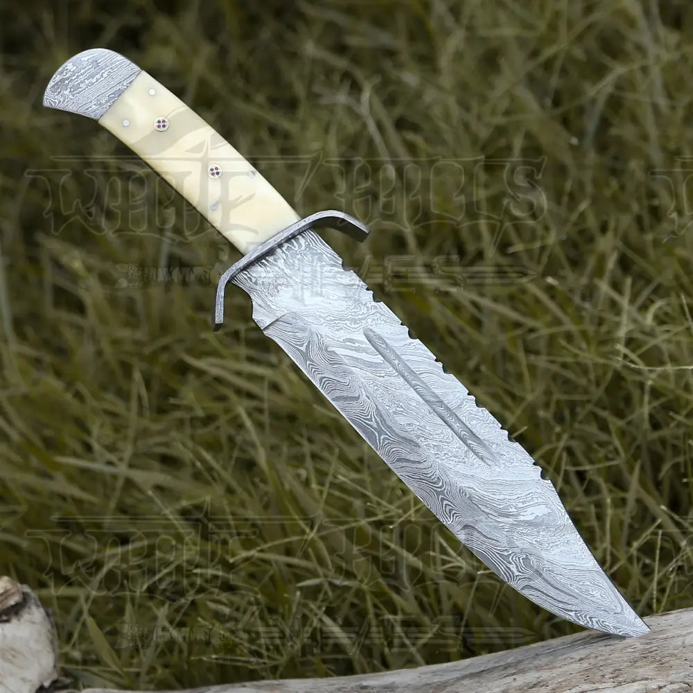 15" Handmade Damascus Steel Bowie Hunting Knife- Full Tang - Camel Bone Handle