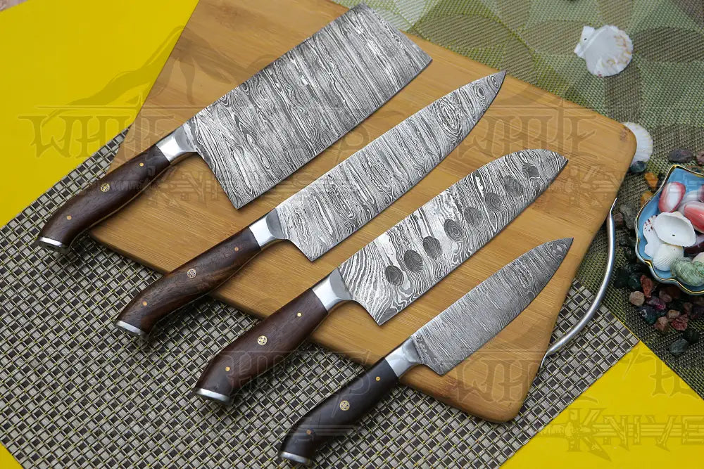 4 Piece Handmade Chef Knife Set, 4 Piece Damascus Steel Knife Set, Kitchen Knife Set with Leather Cover