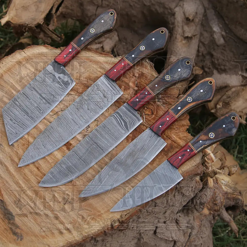 5 Pieces Custom Handmade Damascus Steel Chef Set - 5 Piece Kitchen Knives Set