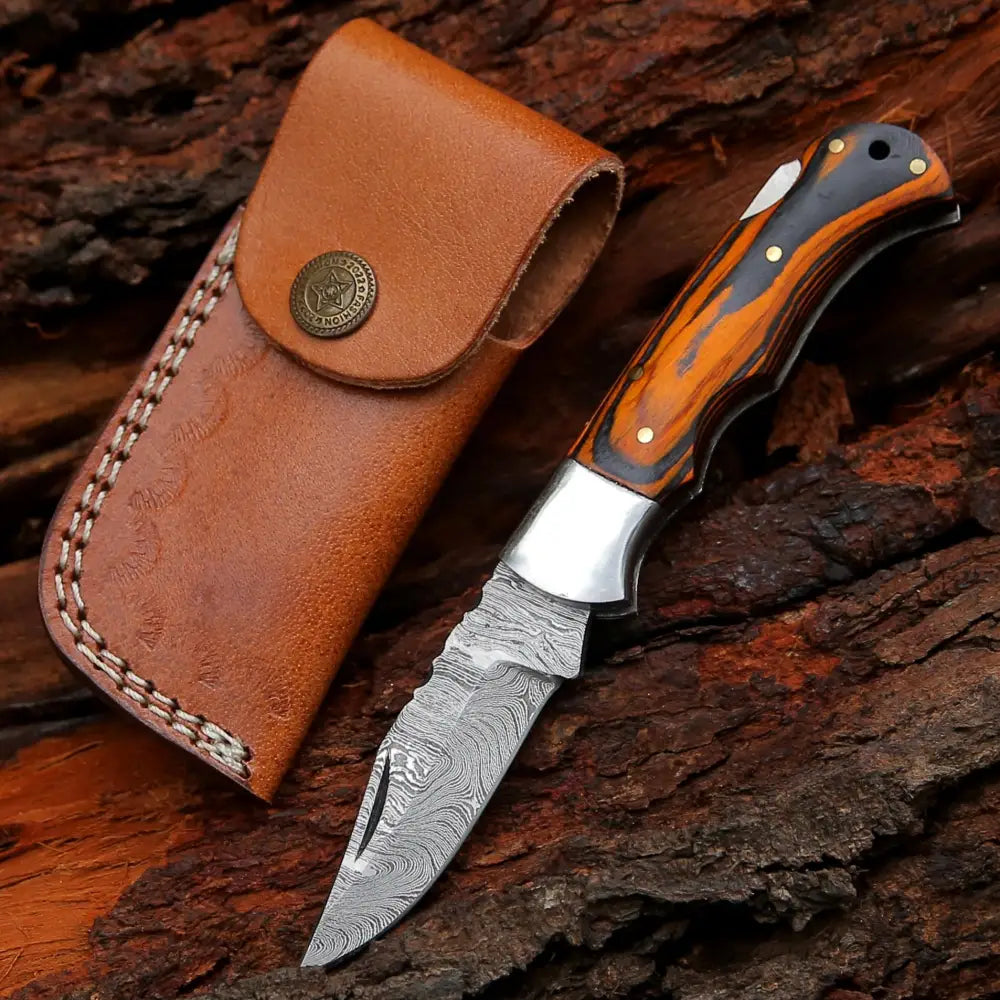 6.5" Handmade Damascus Pocket Knife - Folding Pocket Knife - Colored Wood Handle WH 5042
