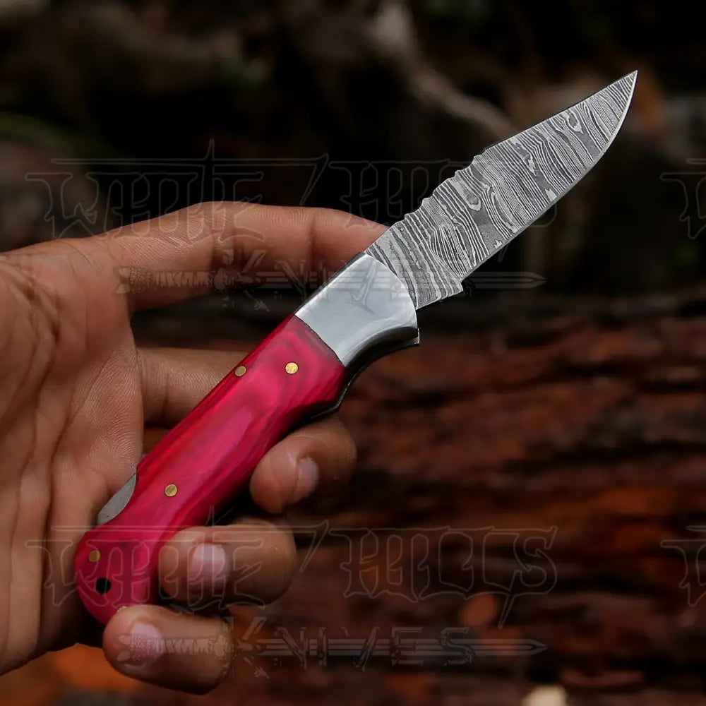 6.5" Handmade Damascus Pocket Knife - Folding Pocket Knife - Red Wood Handle WH 5040