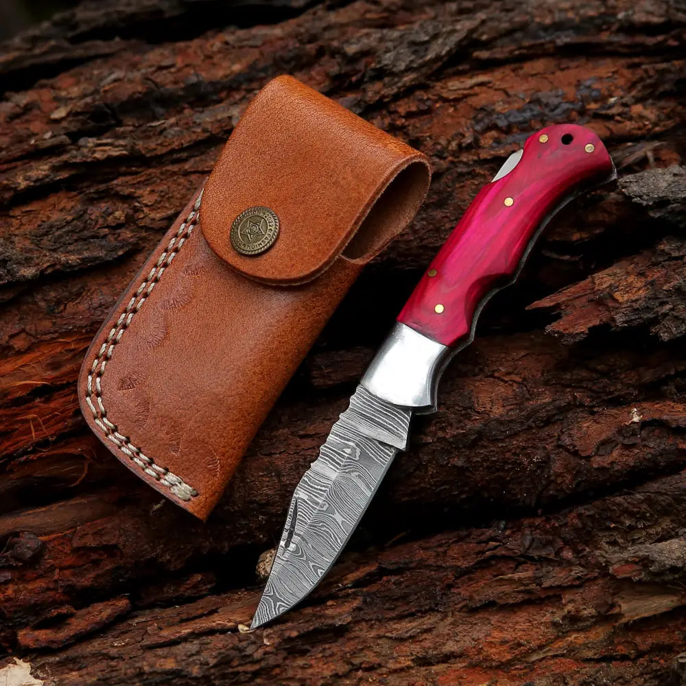 6.5" Handmade Damascus Pocket Knife - Folding Pocket Knife - Red Wood Handle WH 5040