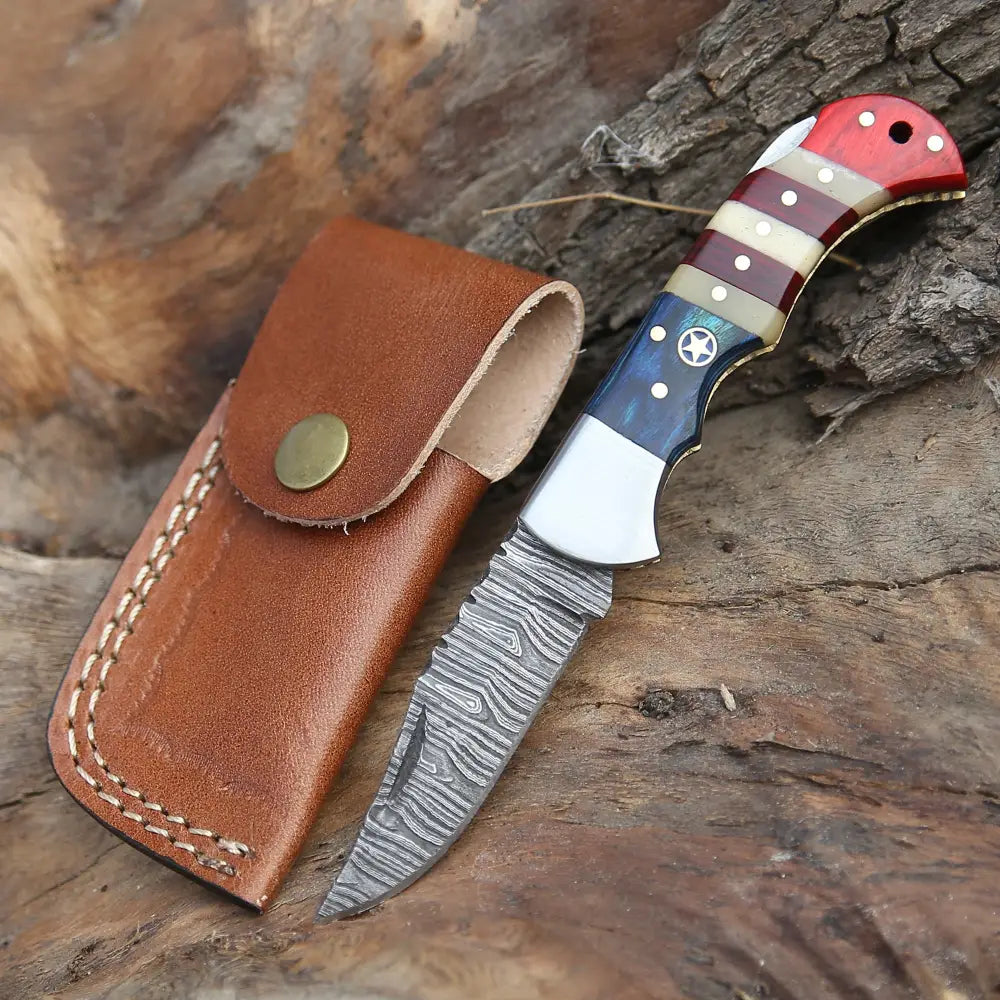 6.5" Handmade Damascus Pocket Knife - Folding Pocket Knife - Texas Flag Handle WH 5031