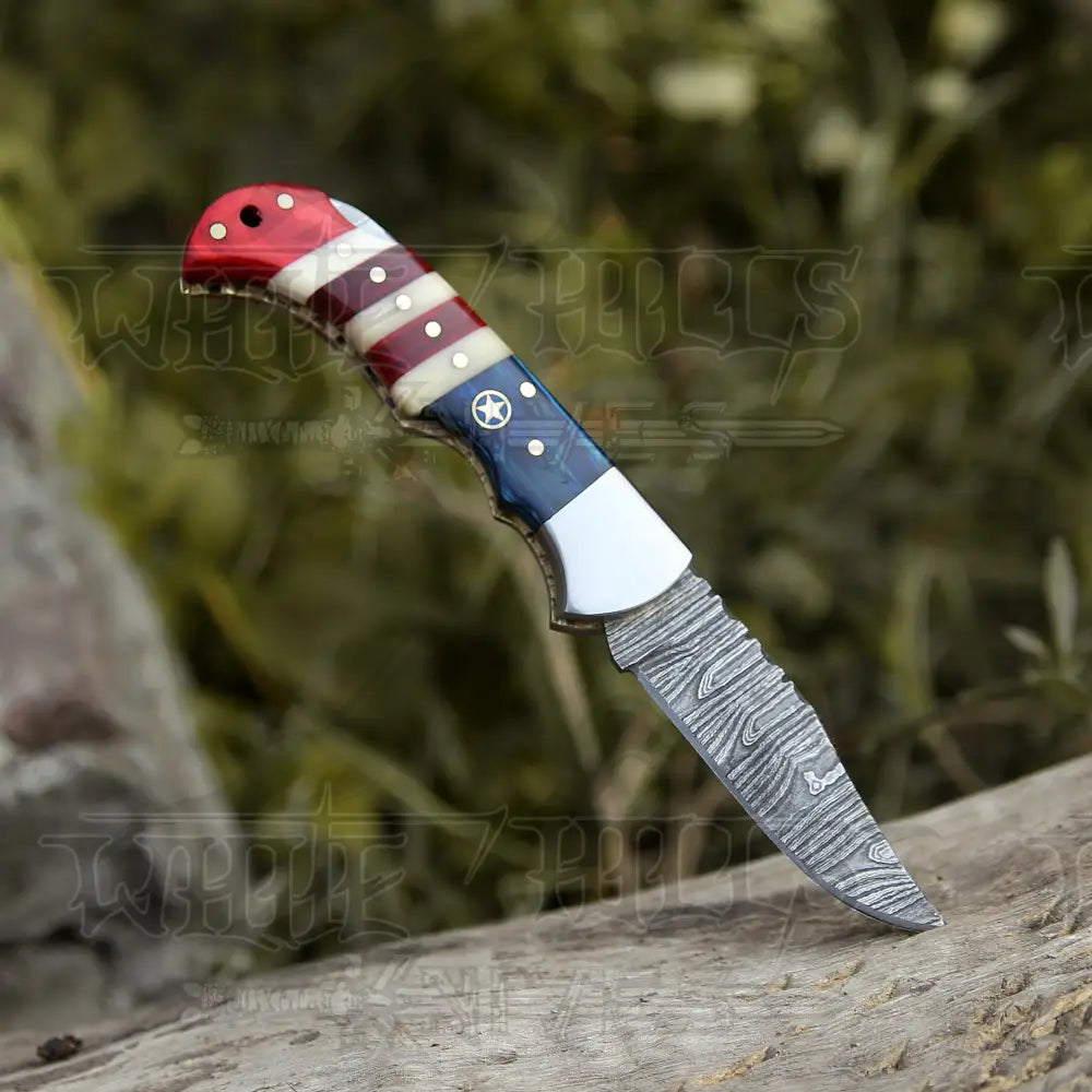 6.5" Handmade Damascus Pocket Knife - Folding Pocket Knife - Texas Flag Handle WH 5031