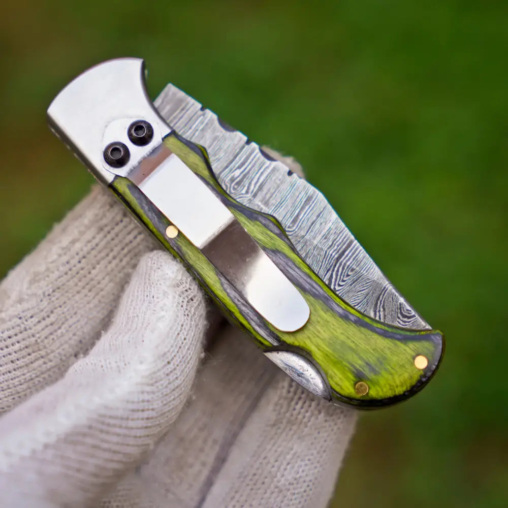 6.5" Handmade Damascus Pocket Knife with Clip - Green Wood Handle WH 5041-CP