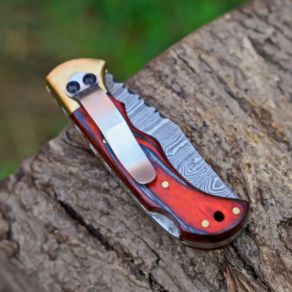 6.5" Handmade Damascus Pocket Knife with Pocket Clip - Stained Wood Handle WH 5028-CP