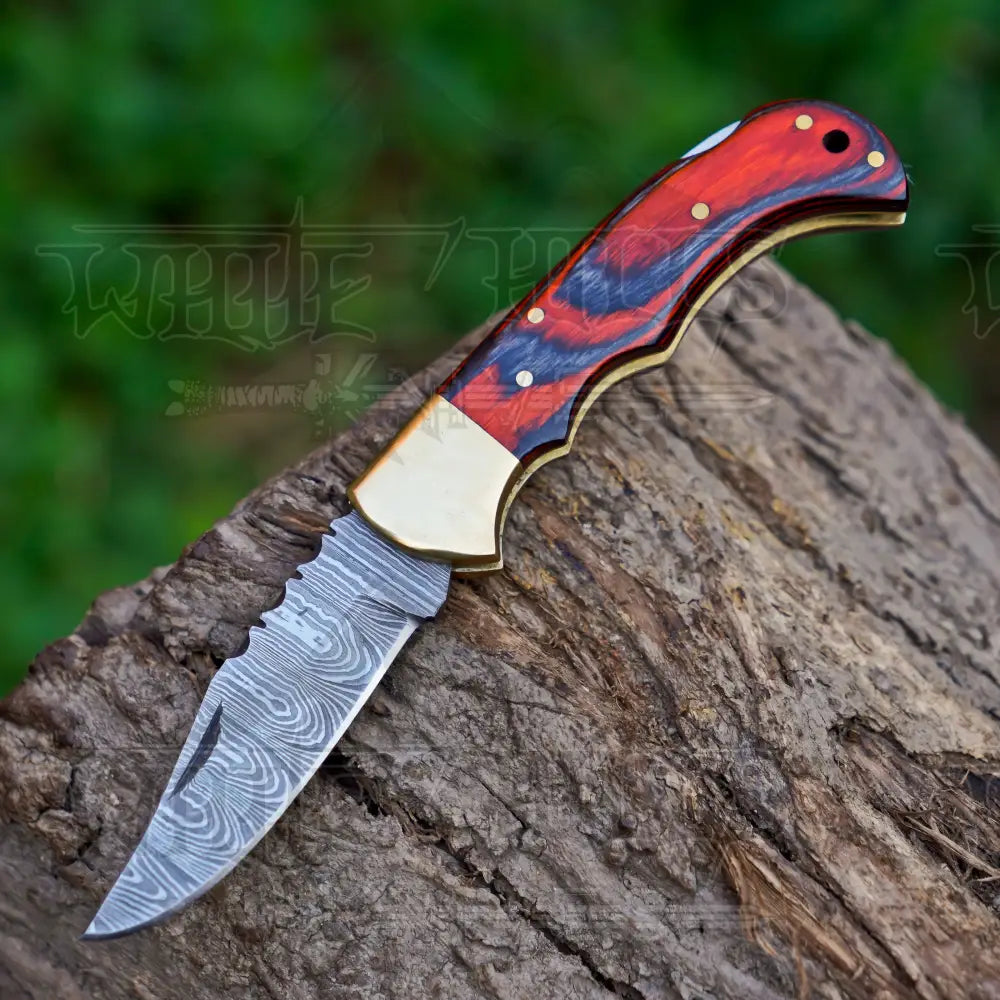 6.5" Handmade Damascus Pocket Knife with Pocket Clip - Stained Wood Handle WH 5028-CP