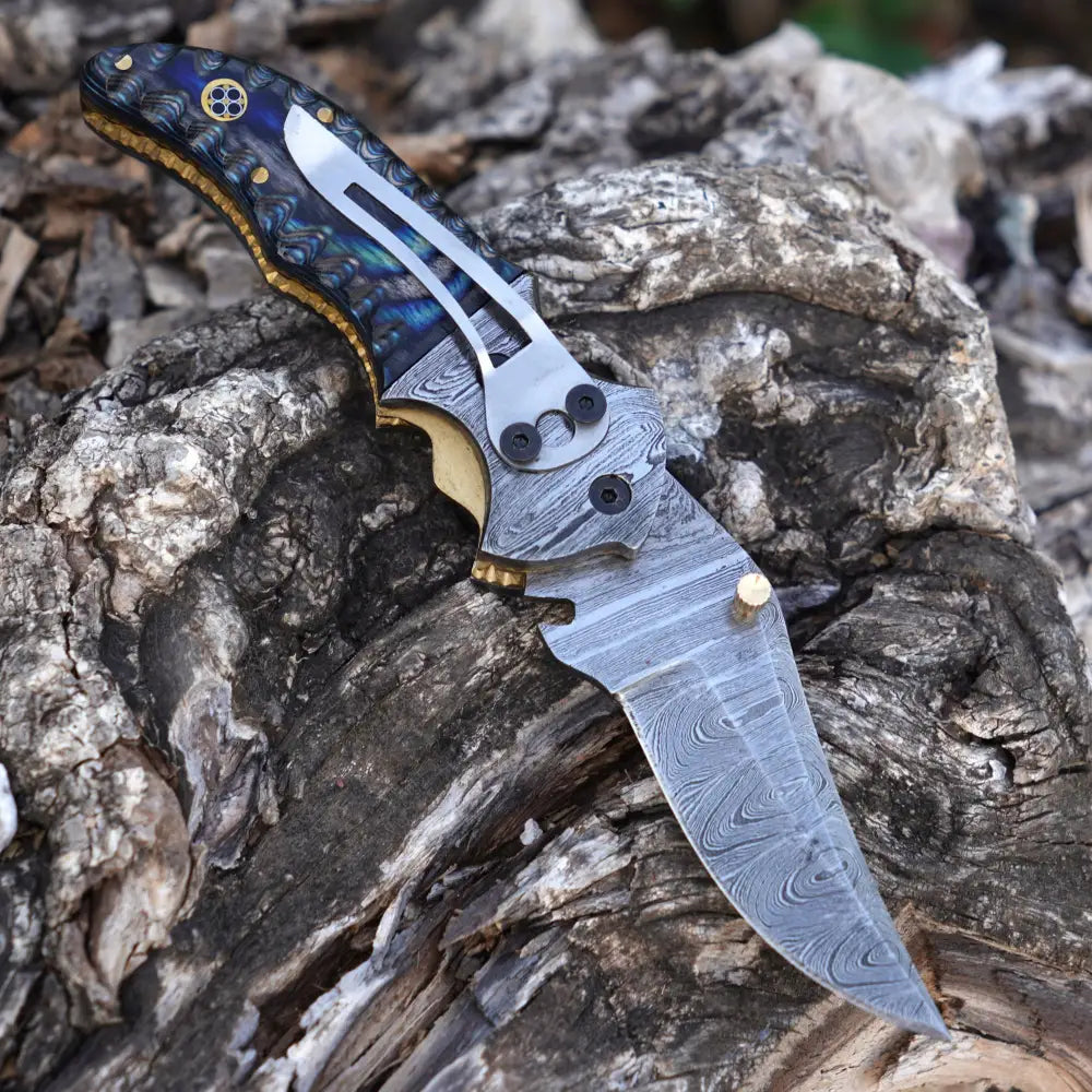 7" Handmade Damascus Pocket Knife with Pocket Clip - Blue Pakka Wood Handle - Damascus Bolster WH 3531 -CP