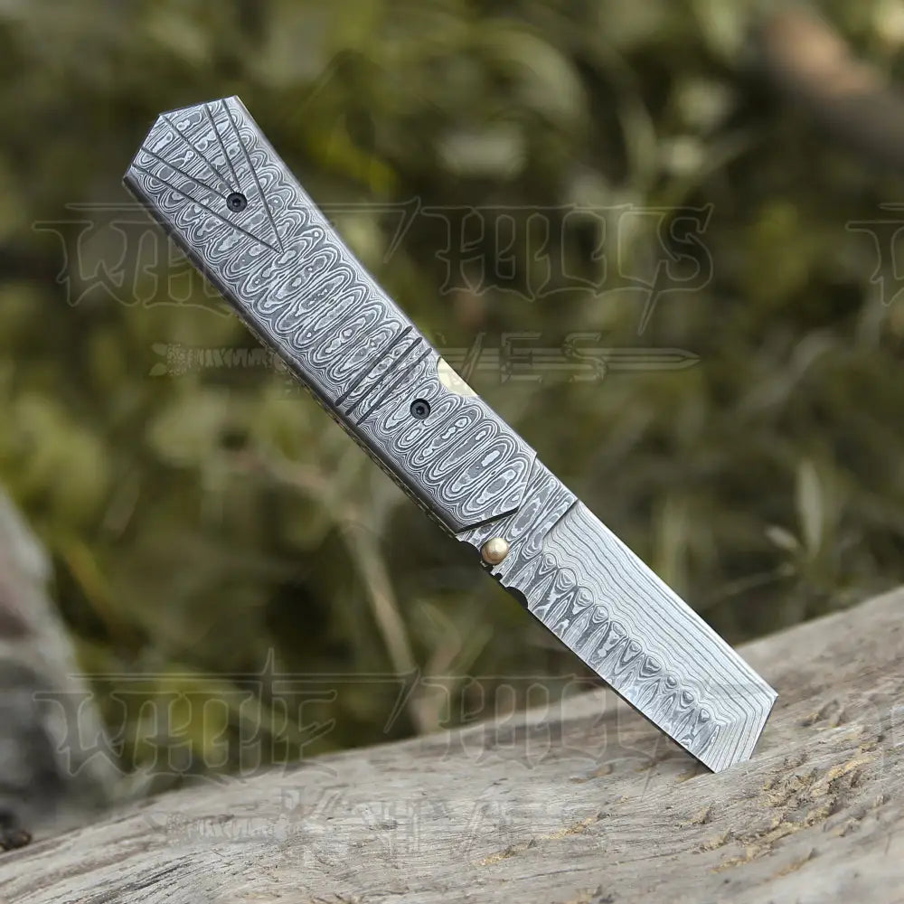 7" Handmade Damascus Steel Pocket Knife - Tanto Style Blade Folding Knife WH 5025