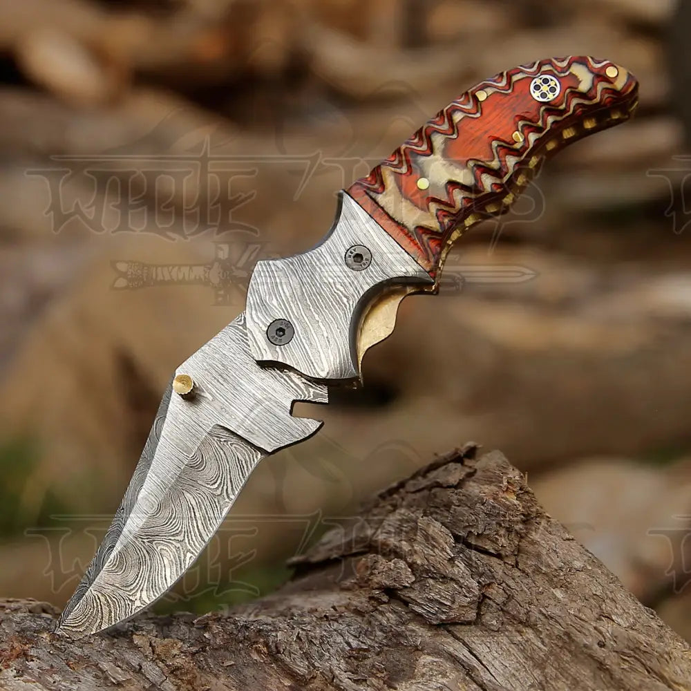 7" Handmade Forged Damascus Pocket Folding Knife - Orange Pakka Wood Handle - Damascus Bolster WH 3533