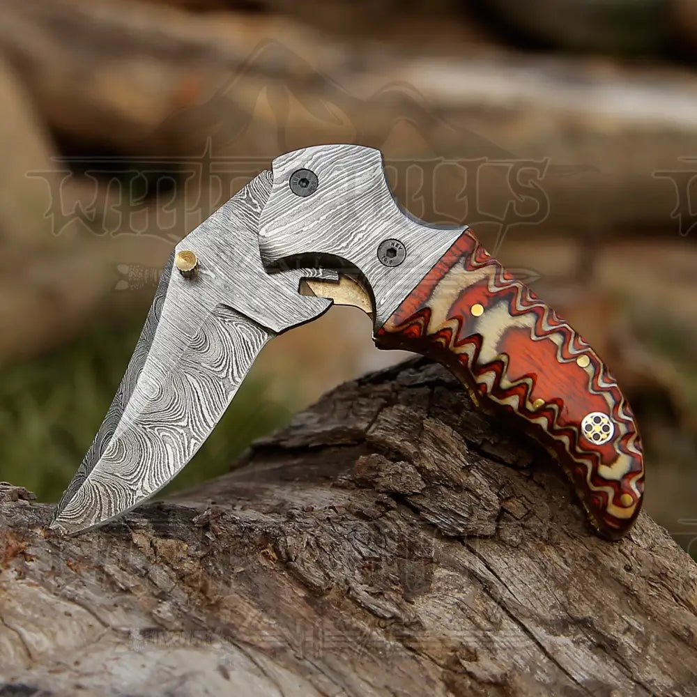7" Handmade Forged Damascus Pocket Folding Knife - Orange Pakka Wood Handle - Damascus Bolster WH 3533