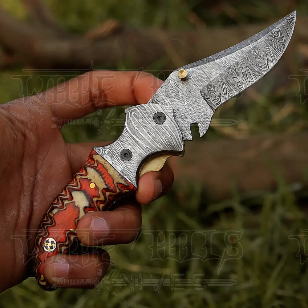 7" Handmade Forged Damascus Pocket Folding Knife - Orange Pakka Wood Handle - Damascus Bolster WH 3533
