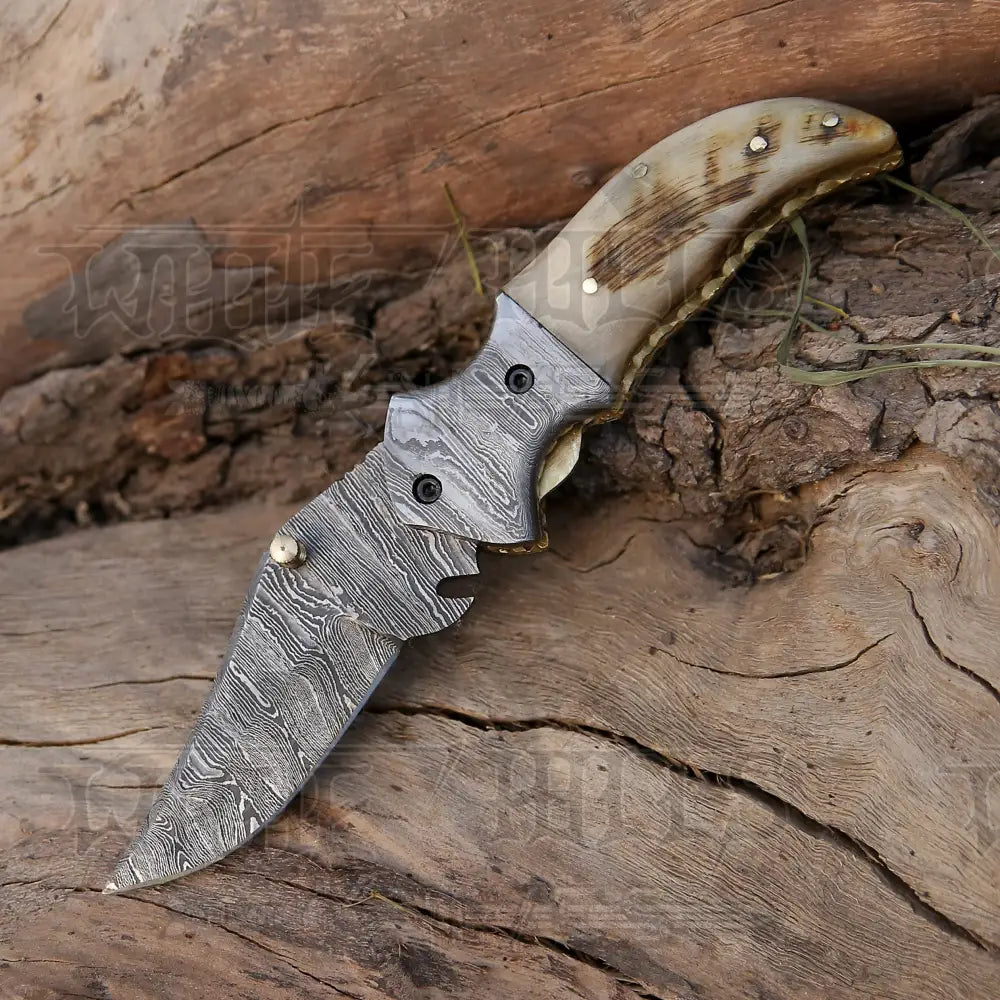 7" Handmade Forged Damascus Pocket Folding Knife - Ram Horn Handle - Damascus Bolster WH 3529