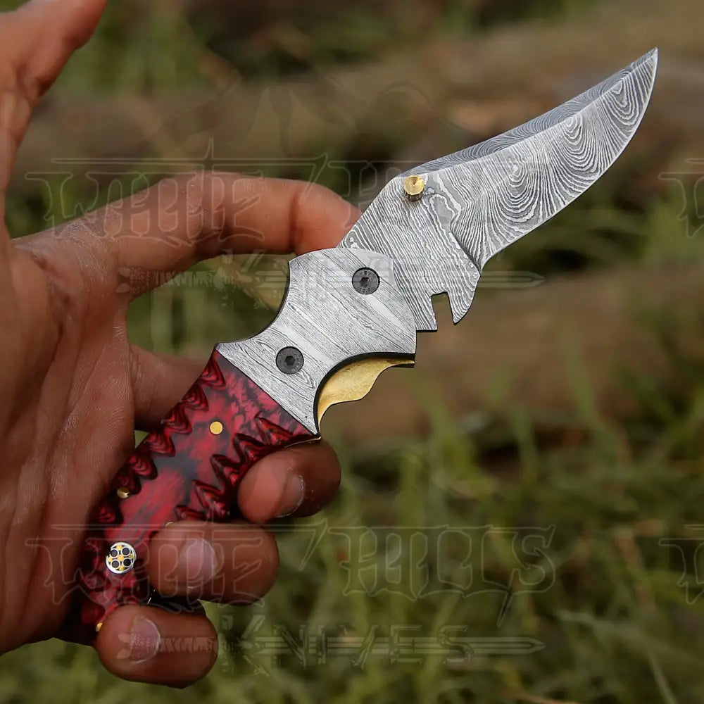 7" Handmade Forged Damascus Pocket Folding Knife - Red Pakka Wood Handle - Damascus Bolster WH 3534