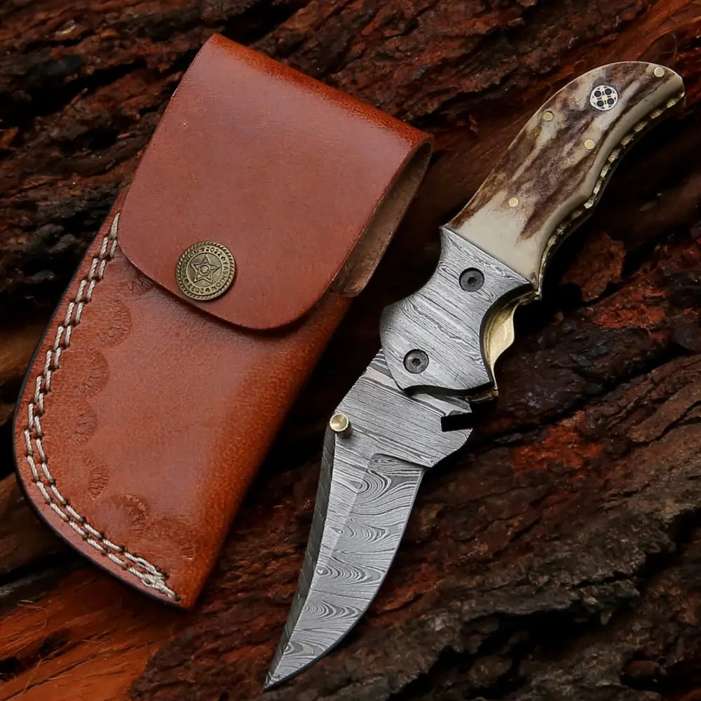 7" Handmade Forged Damascus Pocket Folding Knife - Stag Antler Handle - Damascus Bolster WH 3530