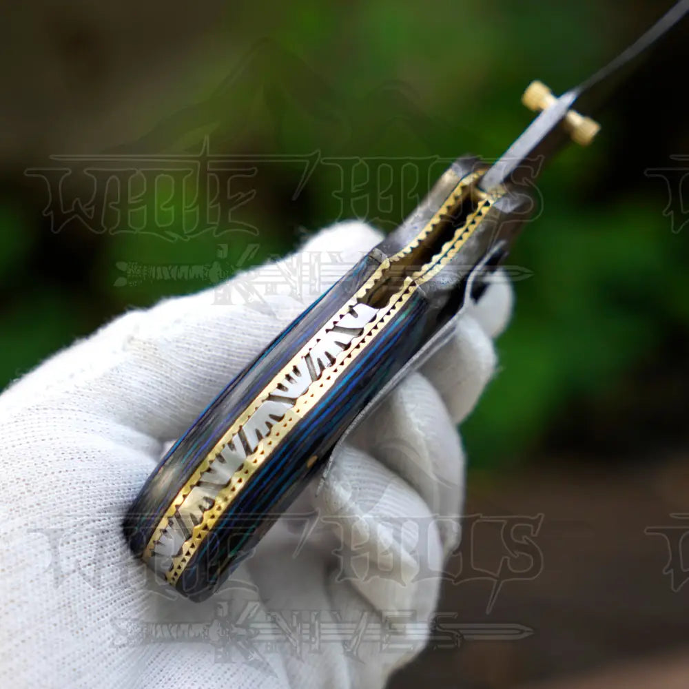 7" Handmade Forged Damascus Pocket Folding Knife with Clip - Pakka Wood Handle - Damascus Bolster WH 3537-CP