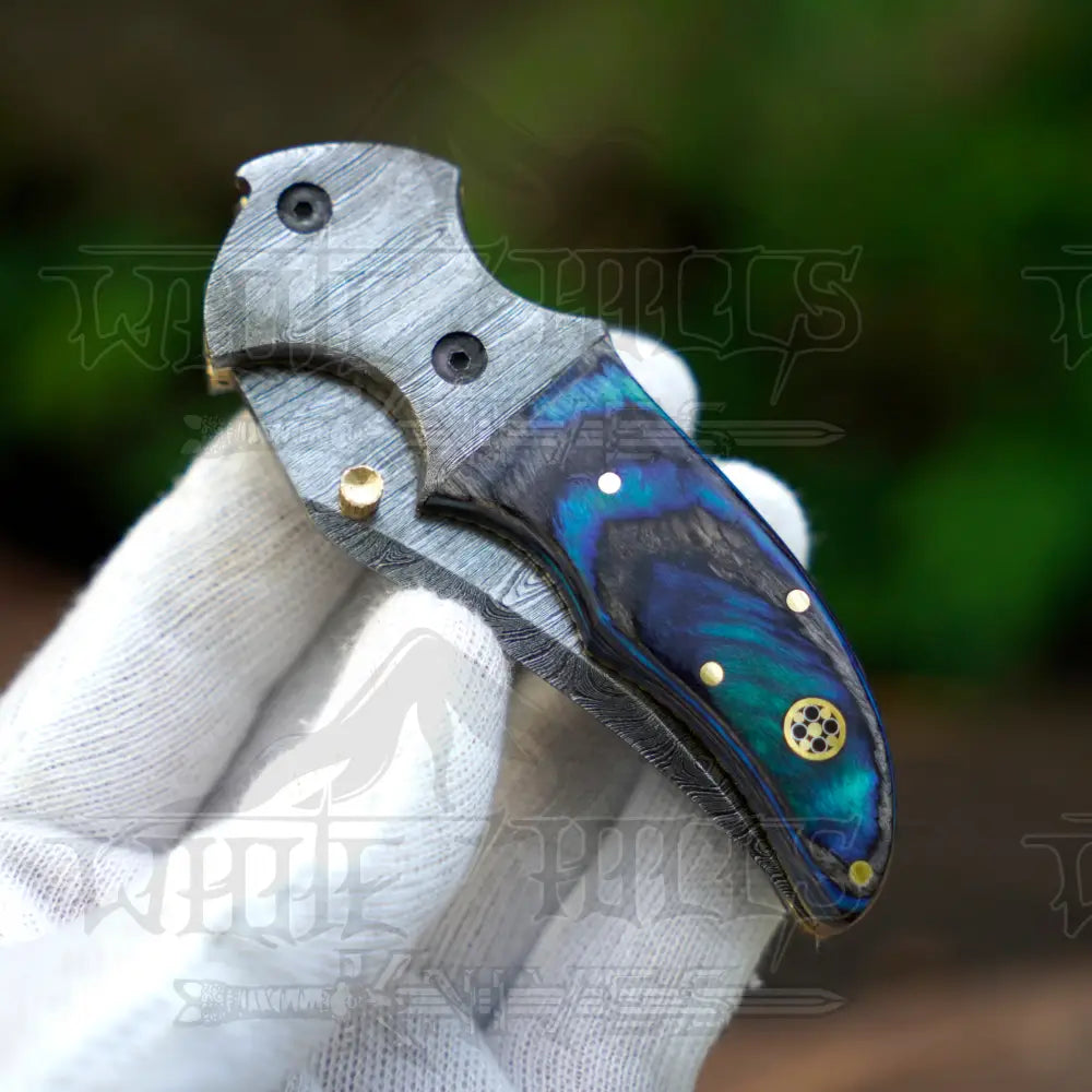 7" Handmade Forged Damascus Pocket Folding Knife with Clip - Pakka Wood Handle - Damascus Bolster WH 3537-CP