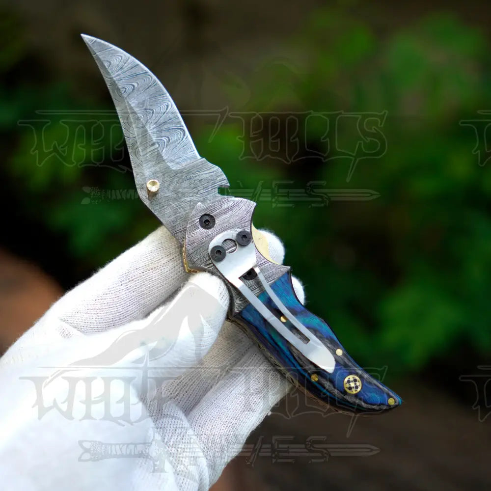 7" Handmade Forged Damascus Pocket Folding Knife with Clip - Pakka Wood Handle - Damascus Bolster WH 3537-CP