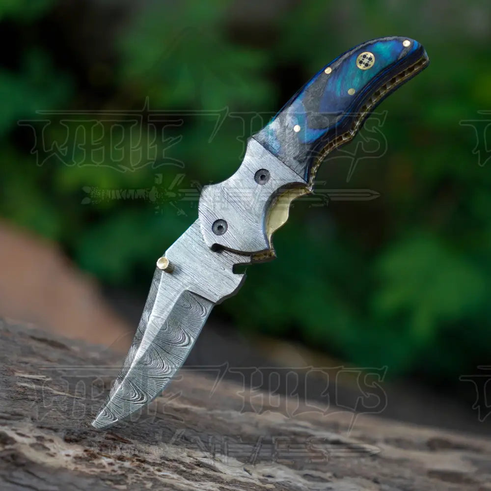 7" Handmade Forged Damascus Pocket Folding Knife with Clip - Pakka Wood Handle - Damascus Bolster WH 3537-CP