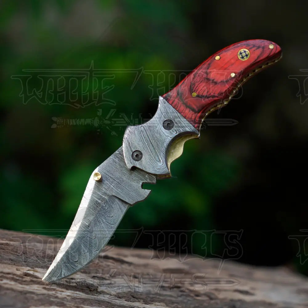 7" Handmade Forged Damascus Pocket Folding Knife with clip - Pakka Wood Handle - Damascus Bolster WH 3538-CP
