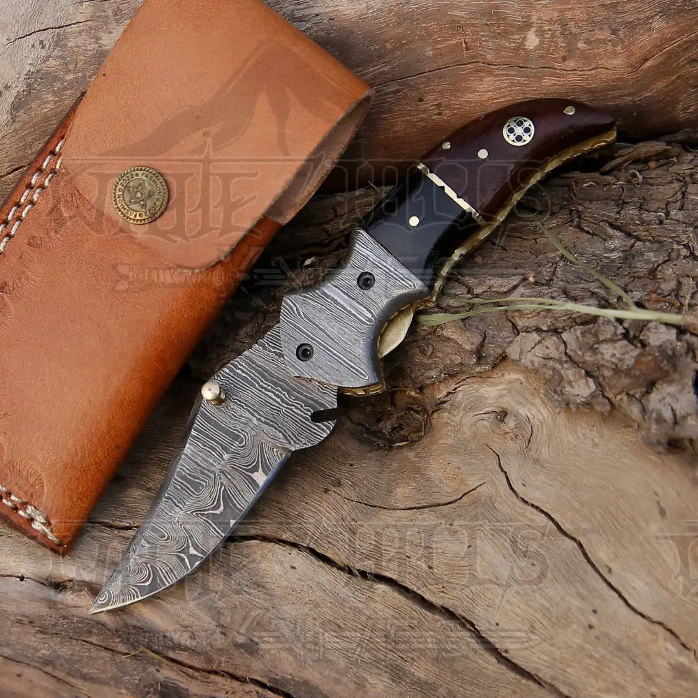 7" Handmade Forged Damascus Pocket Folding Knife - Wood & Bull Horn Handle - Damascus Bolster WH 3528