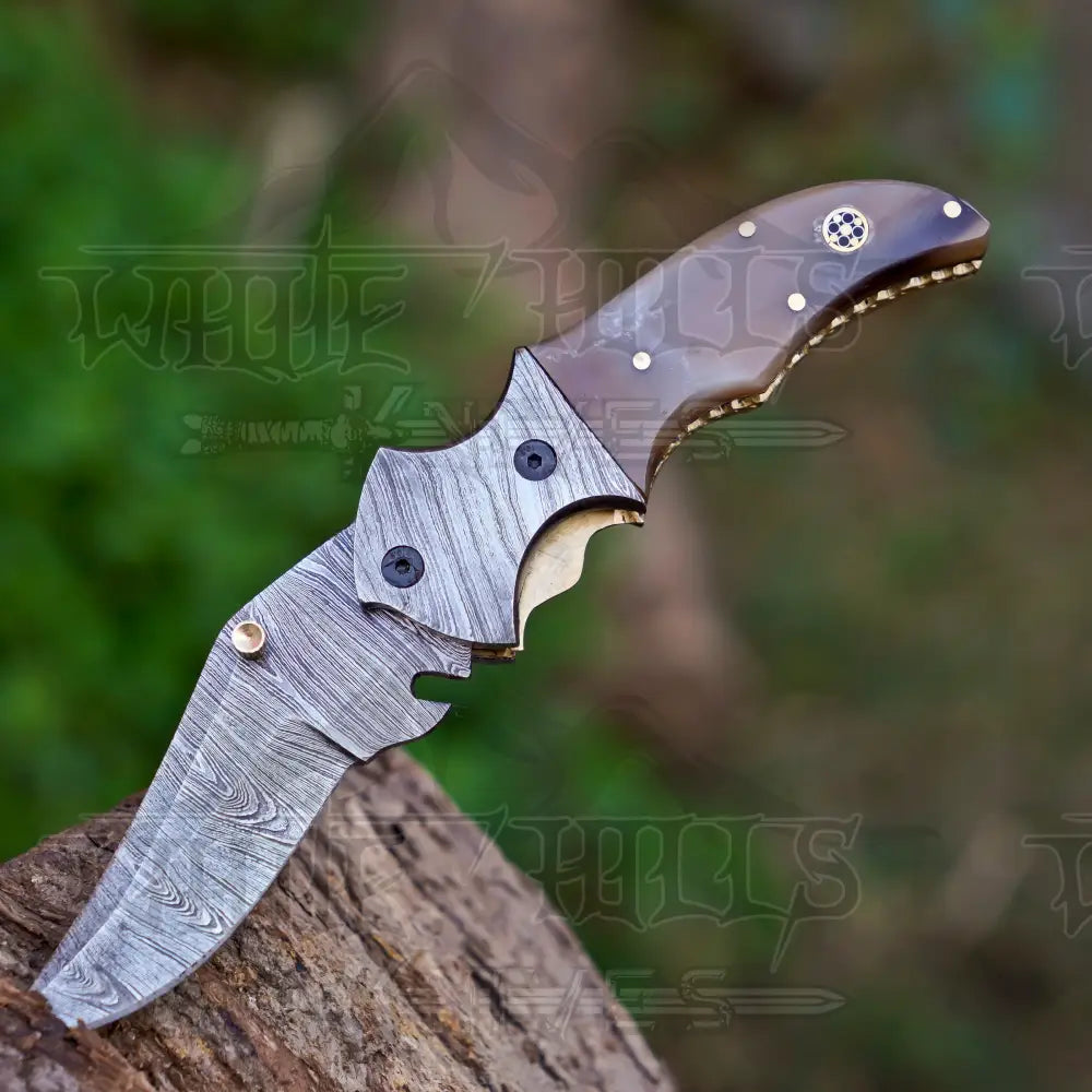 7" Handmade Forged Damascus Pocket Knife with Pocket Clip - Ram Horn Handle - Damascus Bolster WH 3529-CP
