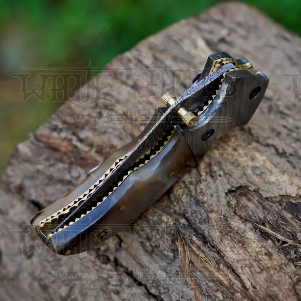 7" Handmade Forged Damascus Pocket Knife with Pocket Clip - Ram Horn Handle - Damascus Bolster WH 3529-CP