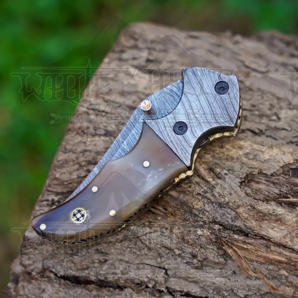 7" Handmade Forged Damascus Pocket Knife with Pocket Clip - Ram Horn Handle - Damascus Bolster WH 3529-CP