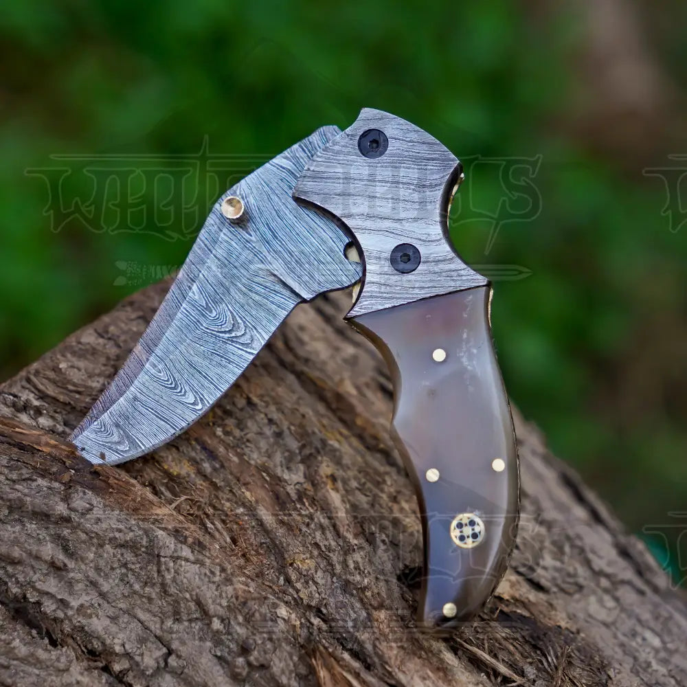 7" Handmade Forged Damascus Pocket Knife with Pocket Clip - Ram Horn Handle - Damascus Bolster WH 3529-CP