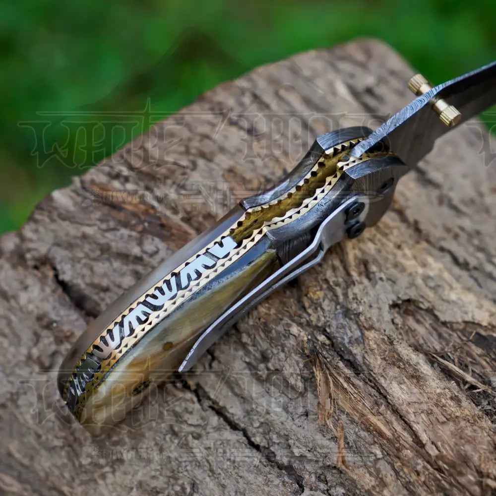 7" Handmade Forged Damascus Pocket Knife with Pocket Clip - Ram Horn Handle - Damascus Bolster WH 3529-CP