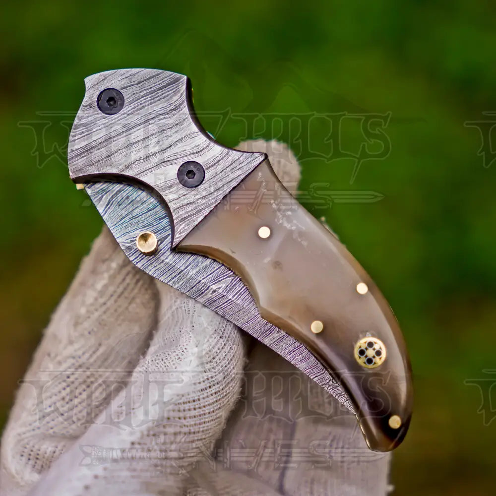 7" Handmade Forged Damascus Pocket Knife with Pocket Clip - Ram Horn Handle - Damascus Bolster WH 3529-CP