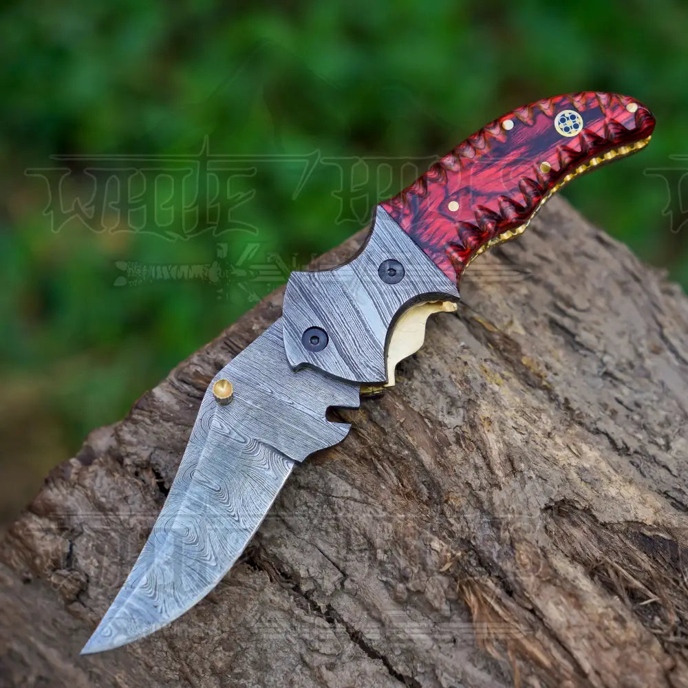 7" Handmade Forged Damascus Pocket Knife with Pocket Clip - Red Pakka Wood Handle - Damascus Bolster WH 3534-CP