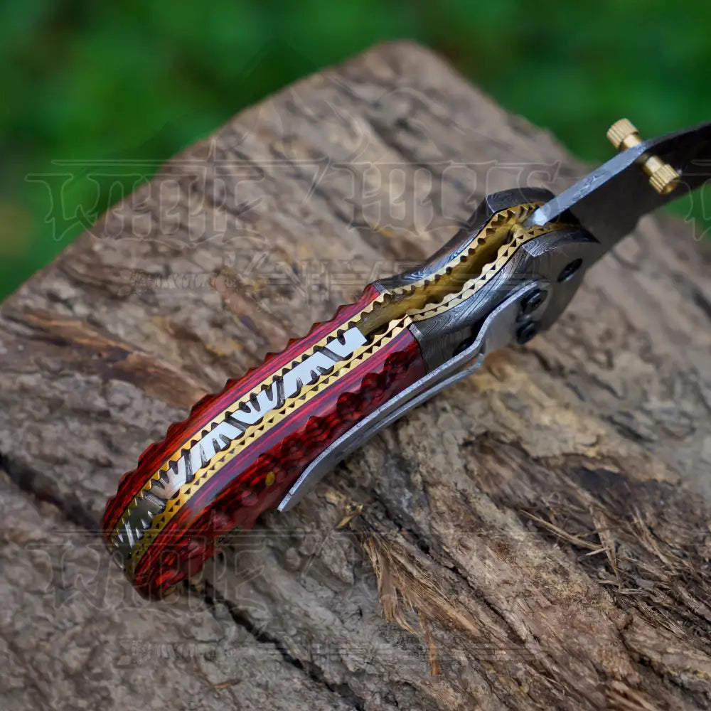 7" Handmade Forged Damascus Pocket Knife with Pocket Clip - Red Pakka Wood Handle - Damascus Bolster WH 3534-CP