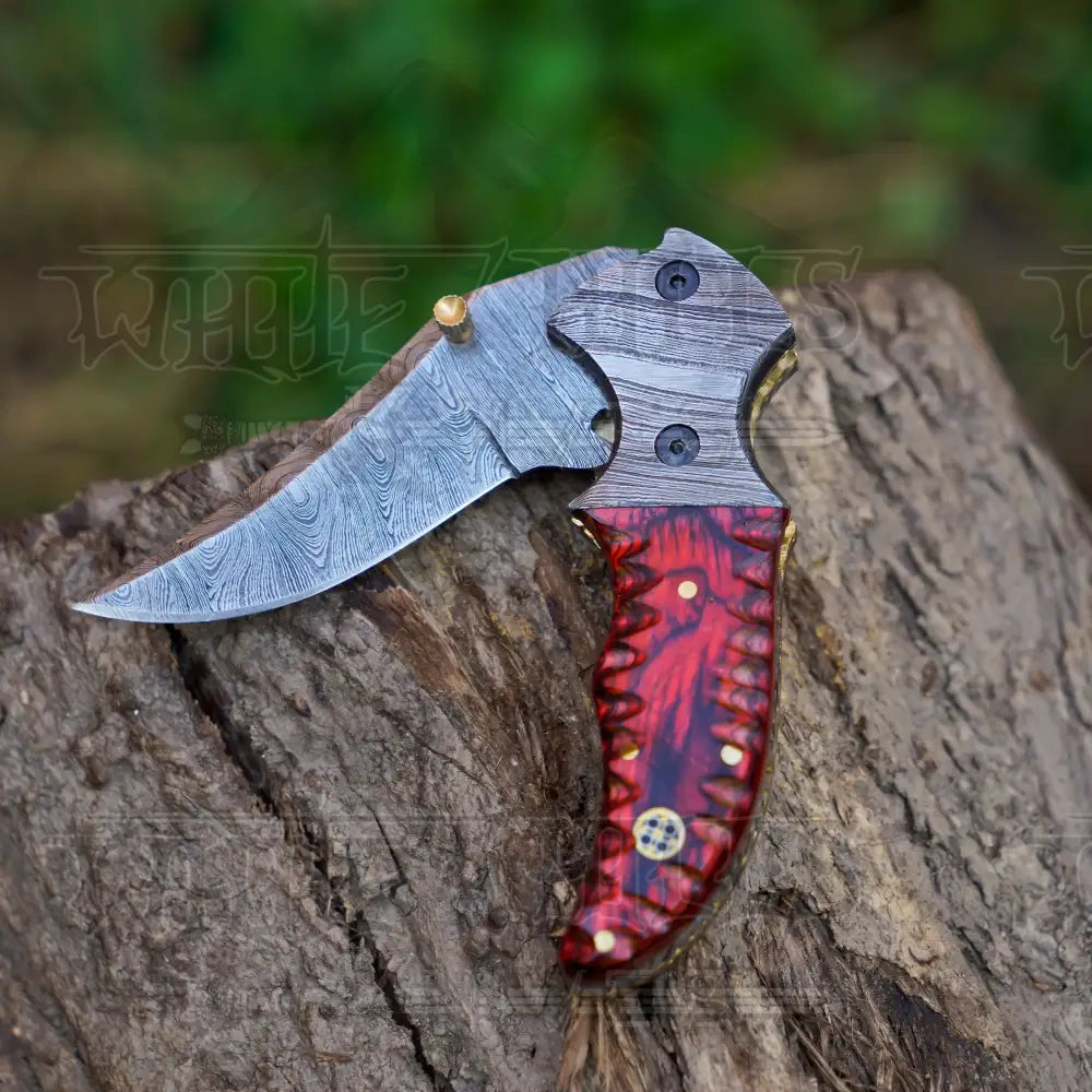 7" Handmade Forged Damascus Pocket Knife with Pocket Clip - Red Pakka Wood Handle - Damascus Bolster WH 3534-CP