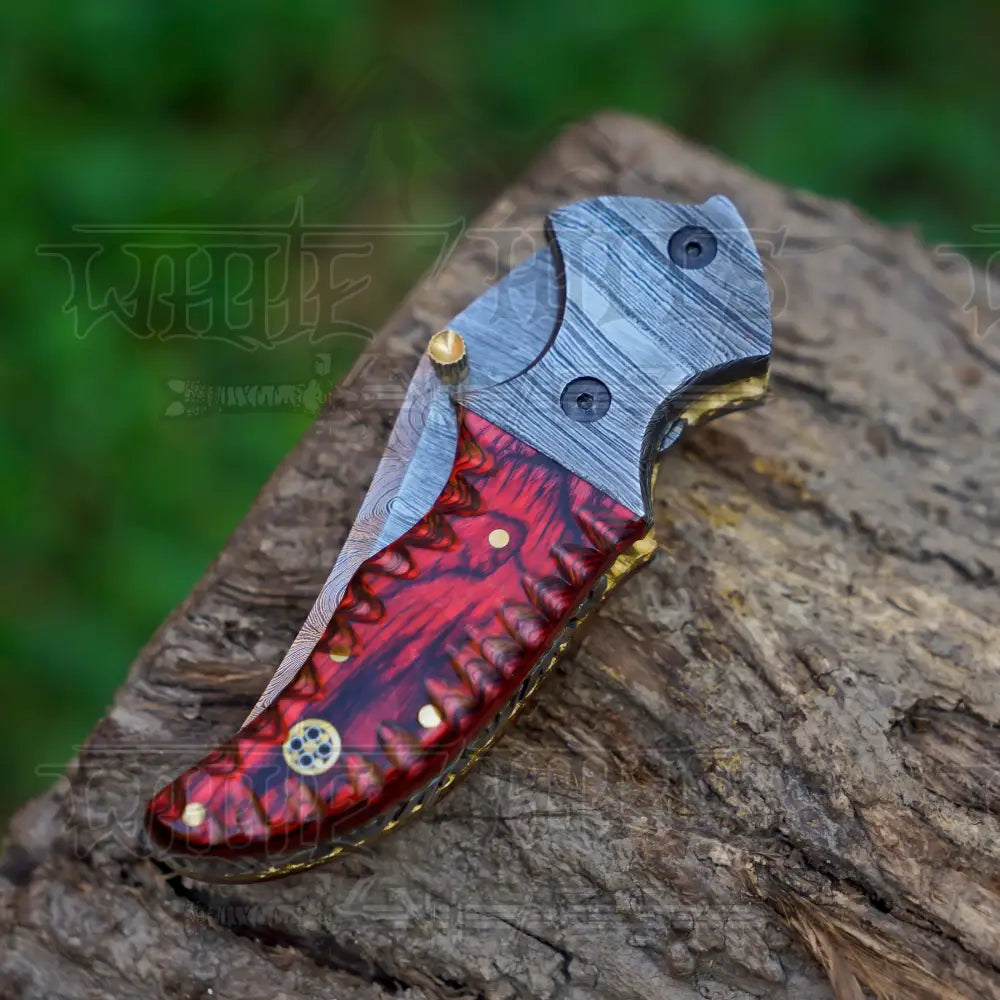 7" Handmade Forged Damascus Pocket Knife with Pocket Clip - Red Pakka Wood Handle - Damascus Bolster WH 3534-CP