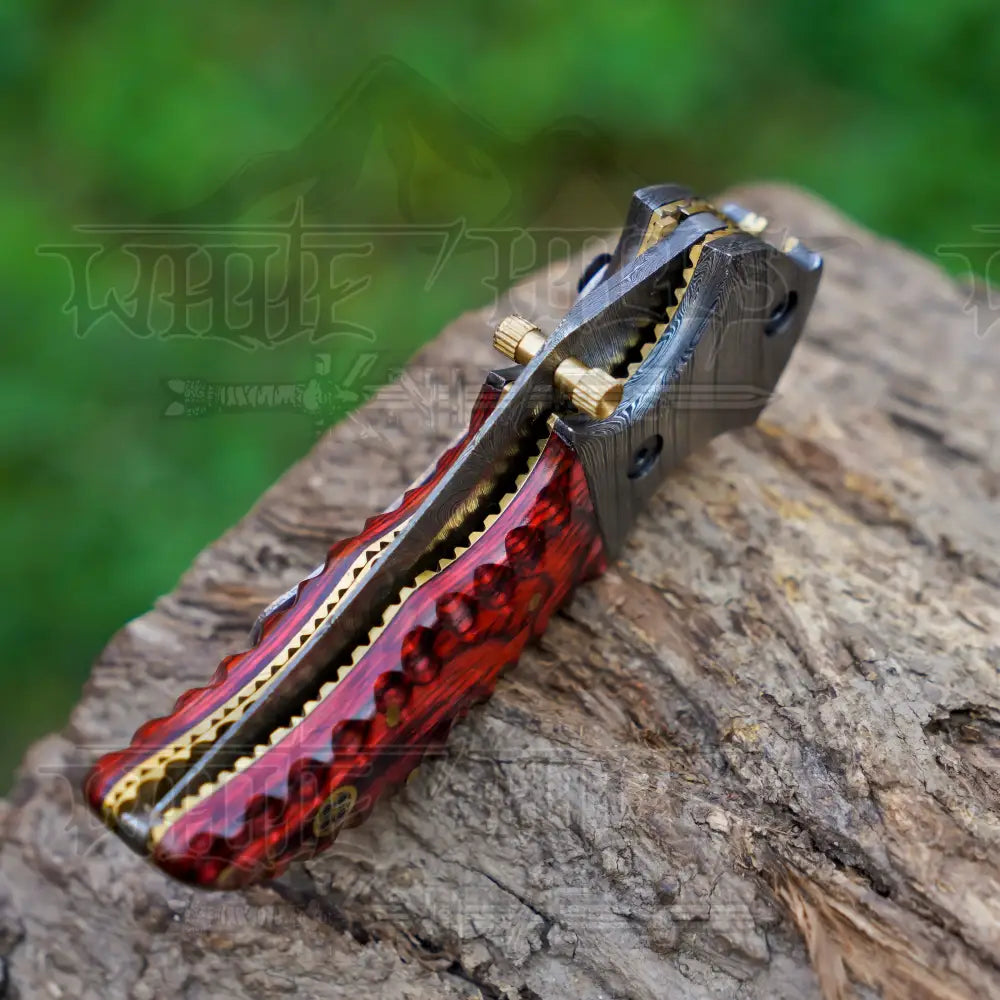 7" Handmade Forged Damascus Pocket Knife with Pocket Clip - Red Pakka Wood Handle - Damascus Bolster WH 3534-CP