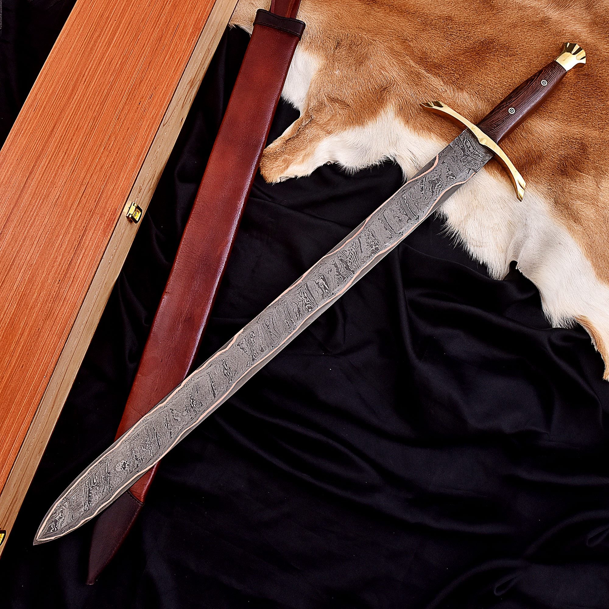 Handmade Custom Copper Damascus Real Viking Style Sword with free wooden box QC-311