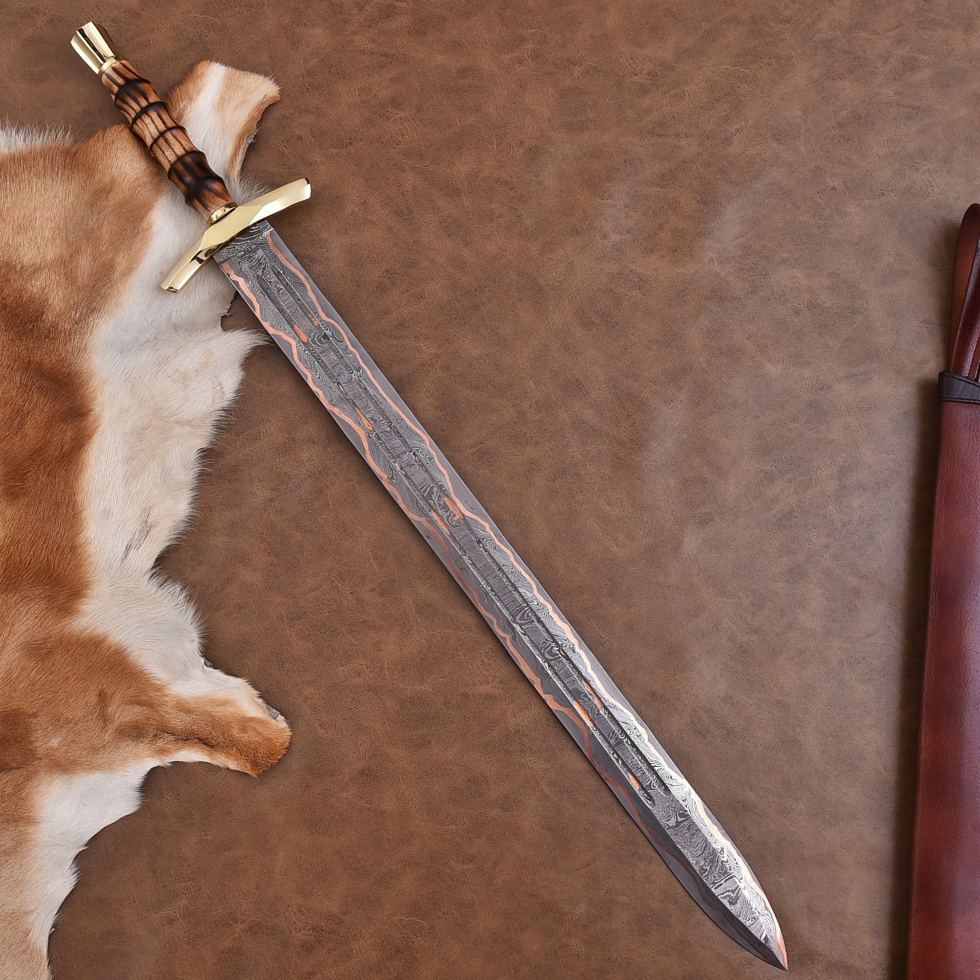 Handmade Custom Copper Damascus Real Viking Style Sword with free wooden box QC-329