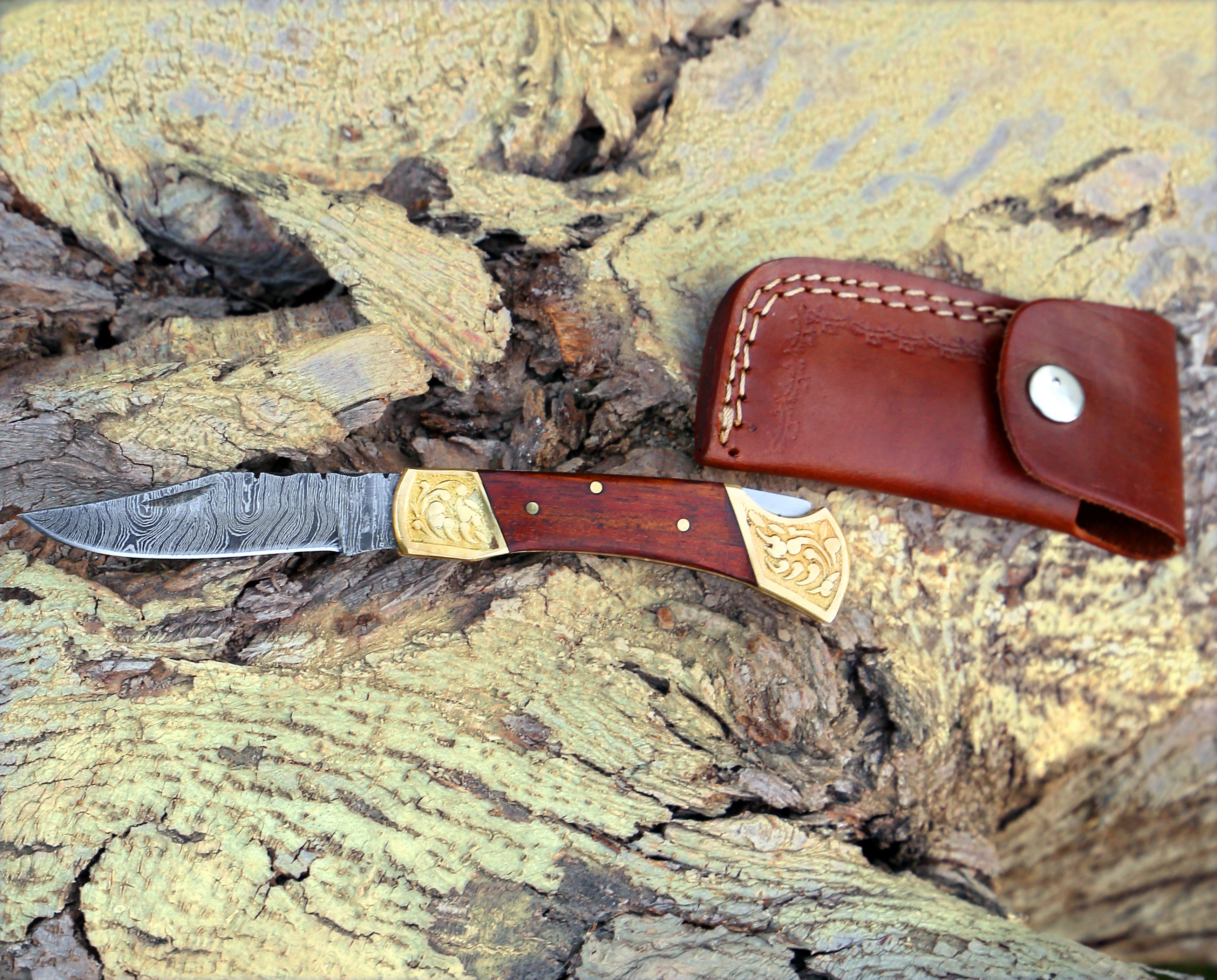 Custom Hand Made Damascus Steel Hunting Folding Knife With Brass Bolster & Stained Wood Handle WH 2597