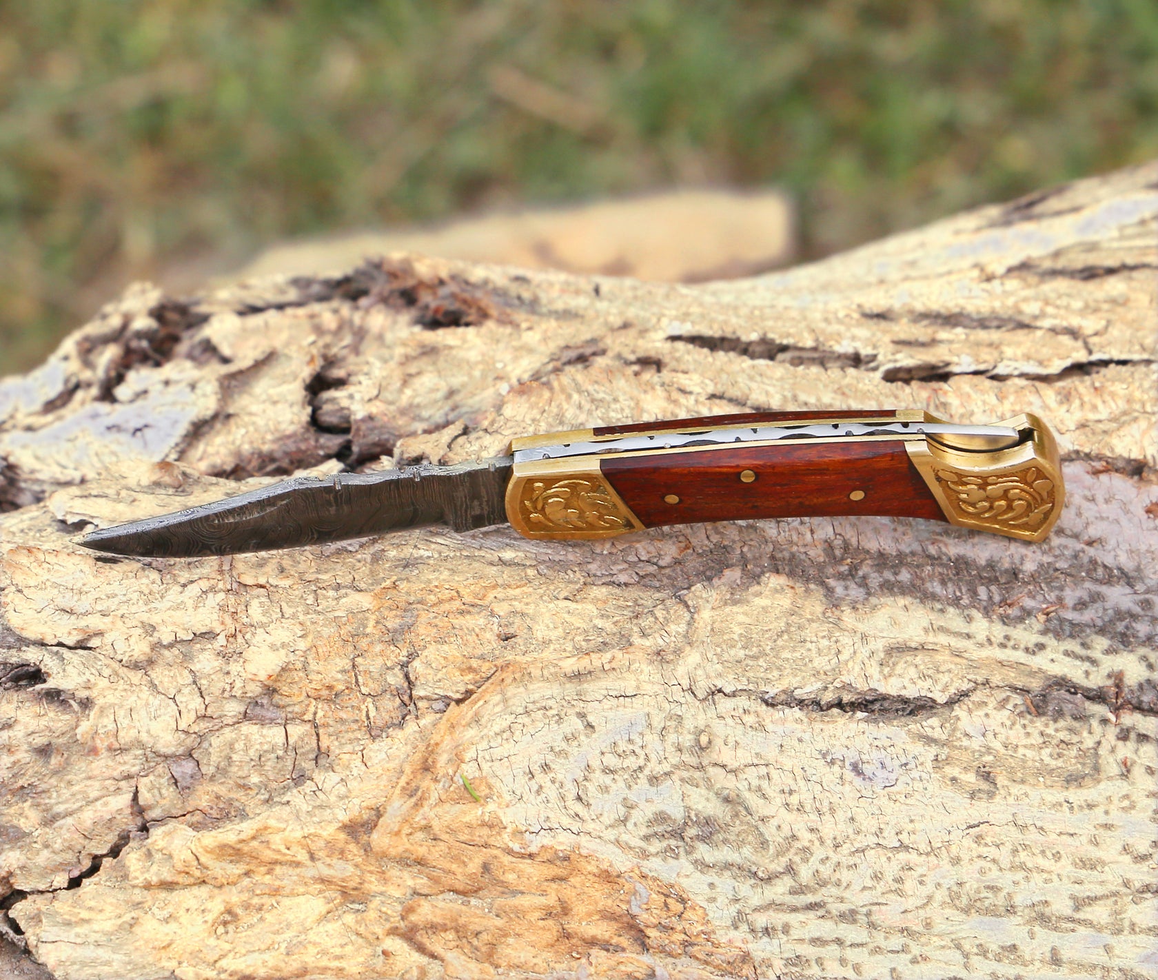 Custom Hand Forged Damascus Folding Knife Engraved Bolster With Rose Wood Handle WH 1559