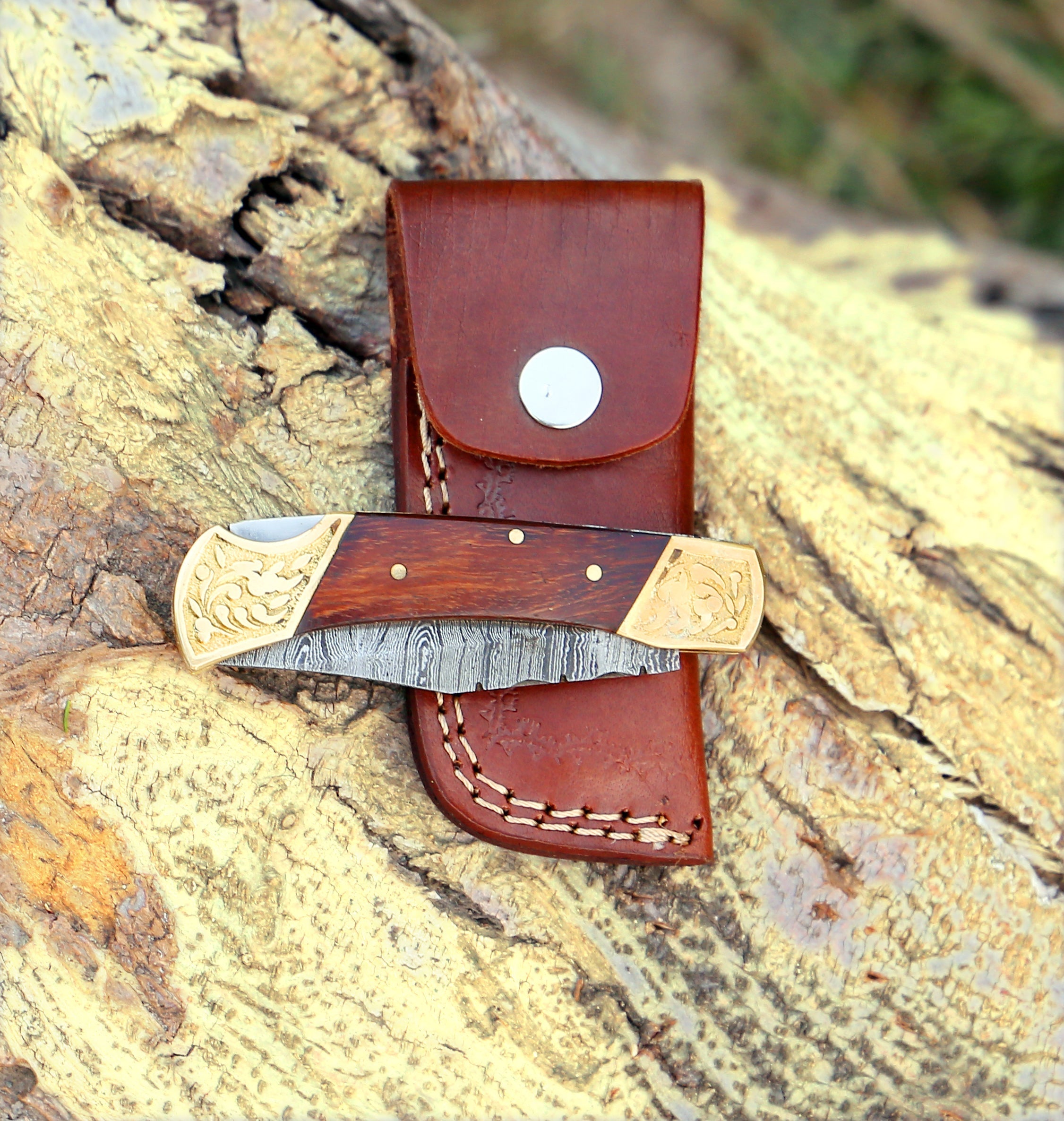 Custom Hand Made Damascus Steel Hunting Folding Knife With Brass Bolster & Stained Wood Handle WH 2597