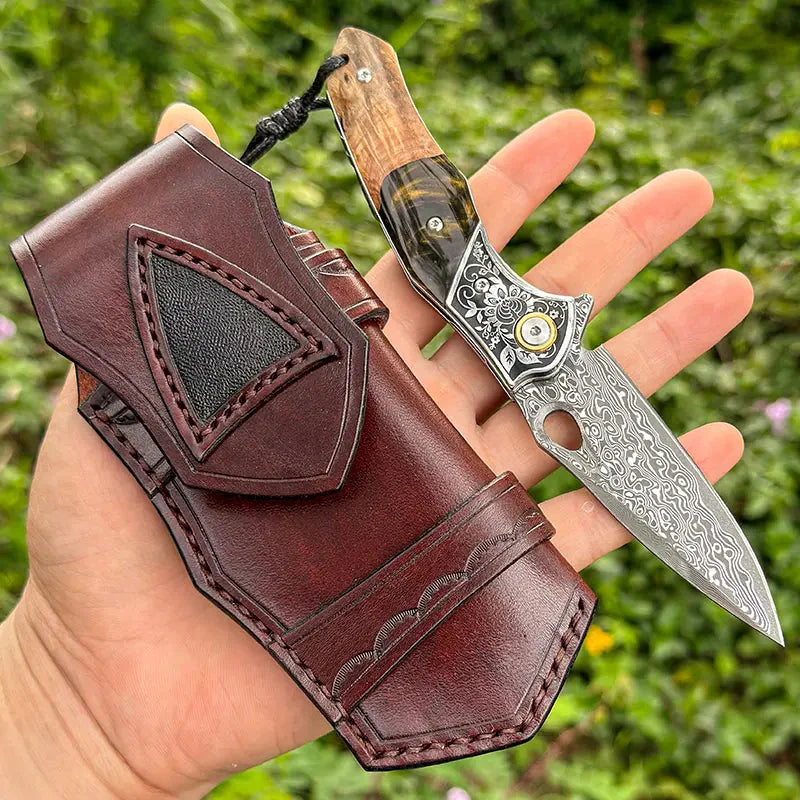 Handmade Damascus Steel Pocket Knife - Folding Knife - Outdoor Camping Hunting Survival Knife EDC - VG10 Damascus Steel