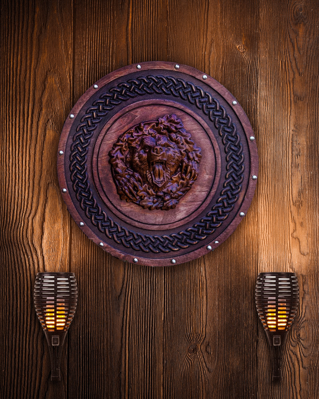 Berserker Bear Totem Oaken Carved Viking Shield, 24" - + engraved