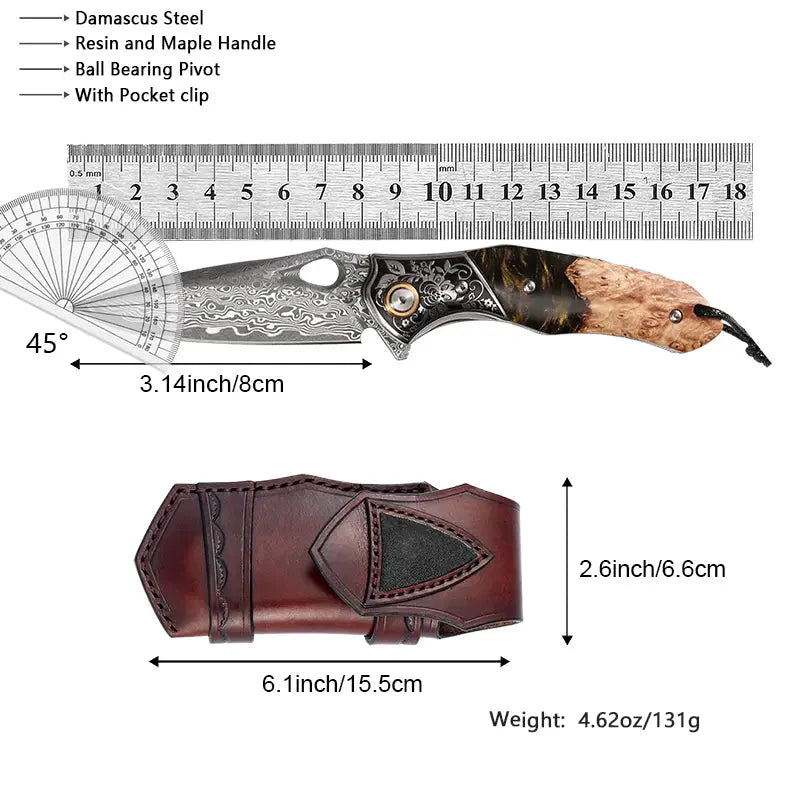 Handmade Damascus Steel Pocket Knife - Folding Knife - Outdoor Camping Hunting Survival Knife EDC - VG10 Damascus Steel