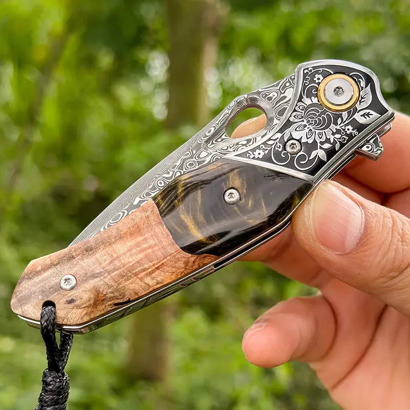 Handmade Damascus Steel Pocket Knife - Folding Knife - Outdoor Camping Hunting Survival Knife EDC - VG10 Damascus Steel