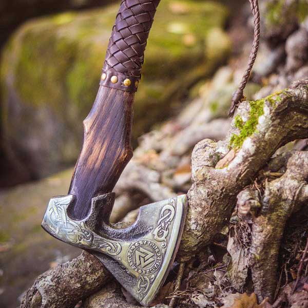 Custom Hand Forged Odin Valknut Symbol Etched Carbon Steel Viking Axe with Leather Sheath